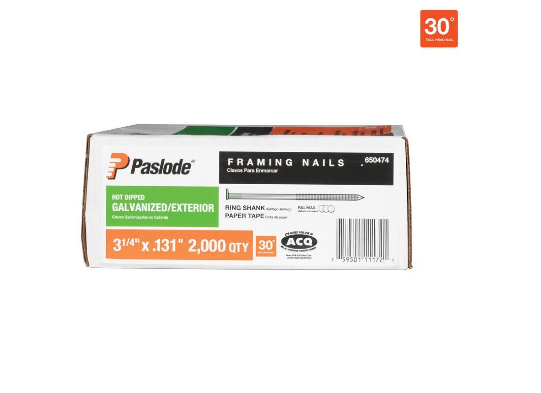 Paslode 650474 Framing Nail 3 1 4 in L Steel Galvanized Ring Shank pack of 2000 Buy Now