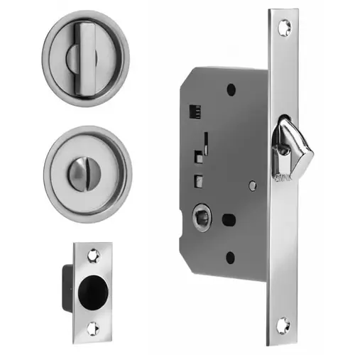 2" Backset Sliding Pocket Door Square Mortise Lock with Round Trim Bright Chrome Finish