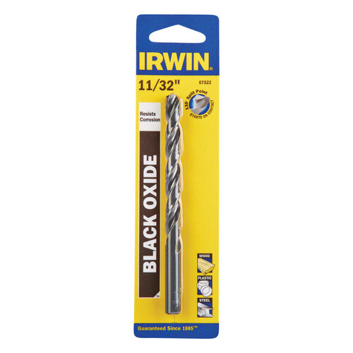 Irwin 67522 Jobber Drill Bit, 11/32 in Dia, 4-3/4 in OAL, Spiral Flute, 1-Flute, 11/32 in Dia Shank Black Oxide