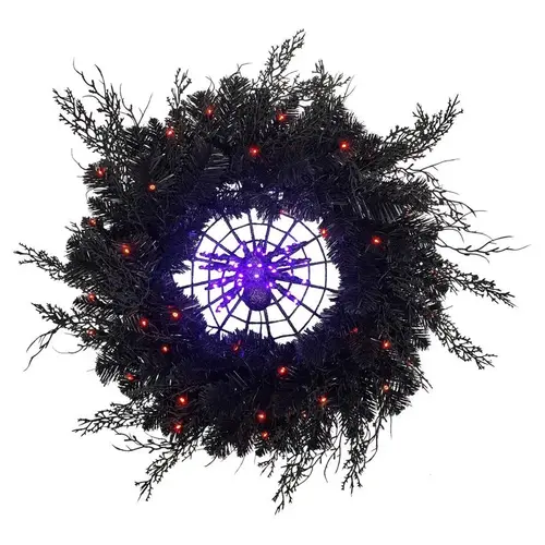 Wreath Orange/Purple 53 ct 24" LED Prelit Black Spider - pack of 4