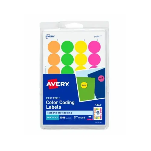 Avery 05474 Removable Neon Color Coding Labels, 3/4 In. Round, 1008-Pk.