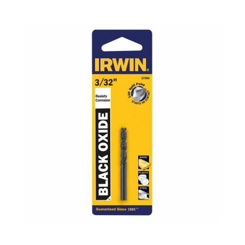 Irwin 67506 Jobber Drill Bit, 3/32 in Dia, 2-1/4 in OAL, Spiral Flute, 1-Flute, 3/32 in Dia Shank, Cylinder Shank Black Oxide