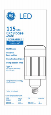 GE Lighting 22622 LED HID Lamp, ED28 Shape, Mogul Base, 18000 Lumens, 115 Watt