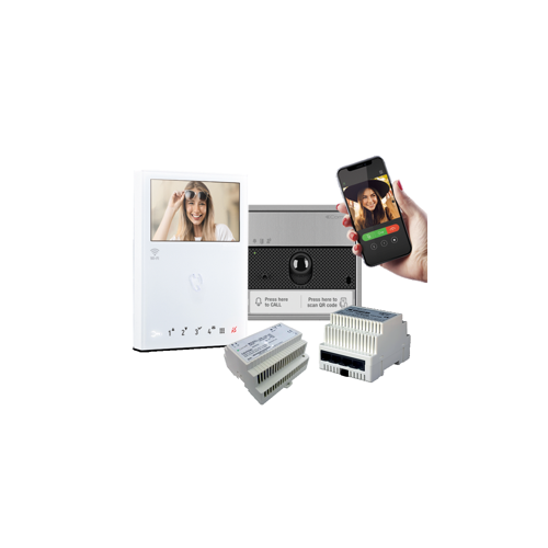 Comelit KVU8508 Single-Family Kit with (1) Ultra Audio/Video External Unit, (1) Slave Apartment Gateway, (1) Door Entry Mini Monitor, White, and (1) 30W Power Supply