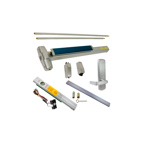 KIT - Alarmed (Requires 1-1/4" Mortise Cylinder), , RX (Request to Exit Switch), SVR (Surface Vertical Rod) Grooved Exit Device, 996L-BE-06 Passage Lever Trim, LHR Left Hand Reverse/Reversible Handing (Snap Ring Tool Required), 48" x 84", Grade 1, 626/US26D Satin Chrome