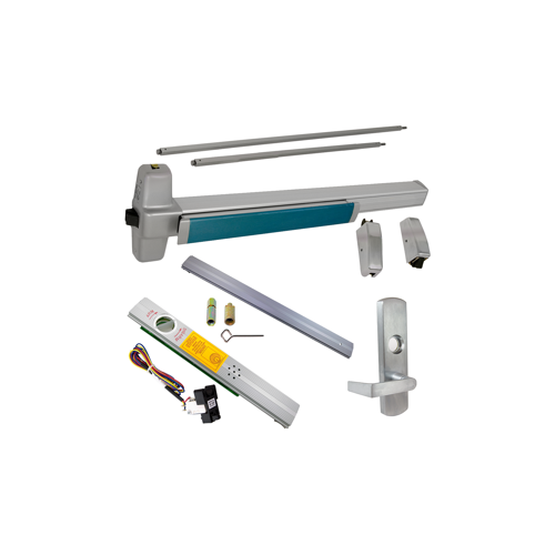 KIT - Alarmed, RX (Request to Exit Switch), SVR (Surface Vertical Rod) Exit Device, 996L-NL-06 Nightlatch Lever Trim, LHR Left Hand Reverse/Reversible Handing, 36" x 84", Grade 1, 628 Satin Aluminum