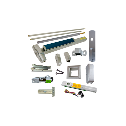 KIT - Alarmed (Requires 1-1/4" Mortise Cylinder), , Fire-Rated (No Dogging), RX (Request to Exit Switch), SVR (Surface Vertical Rod) Grooved Exit Device, 990NL Nightlatch Trim, Less Bottom Rods, 48" x 84", Grade 1, 626/US26D Satin Chrome