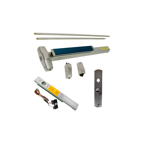 KIT - Alarmed (Requires 1-1/4" Mortise Cylinder), , Fire-Rated (No Dogging), RX (Request to Exit Switch), SVR (Surface Vertical Rod) Grooved Exit Device, 990TP Thumb Piece Trim, 48" x 84", Grade 1, 626/US26D Satin Chrome