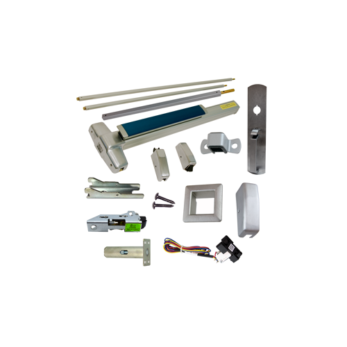 KIT - Fire-Rated (No Dogging), RX (Request to Exit Switch), SVR (Surface Vertical Rod) Exit Device, 990TP Thumb Piece Trim, Less Bottom Rods, 36" x 84", Grade 1, 626/US26D Satin Chrome