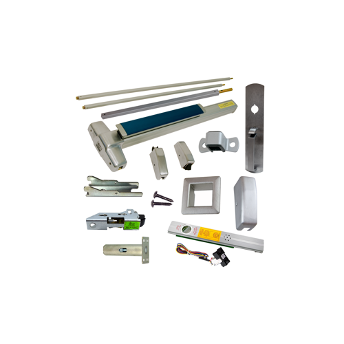 KIT - Alarmed (Requires 1-1/4" Mortise Cylinder), , Fire-Rated (No Dogging), RX (Request to Exit Switch), SVR (Surface Vertical Rod) Grooved Exit Device, 990TP Thumb Piece Trim, Less Bottom Rods, 48" x 84", Grade 1, 626/US26D Satin Chrome