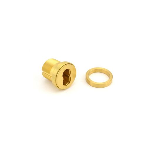 Small Format Interchangeable Core Mortise Cylinder with Standard Cam, Compression Ring, and 1/4" Blocking Ring Satin Brass Finish