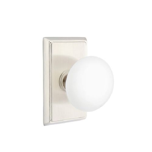 Ice White Knob Privacy with Rectangular Rose Satin Nickel Finish