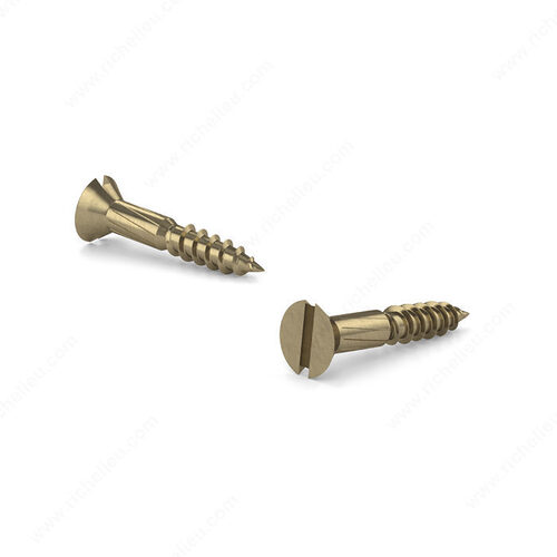 Decorative Wood Screw, Flat Head, Slotted Drive, Regular Thread, Regular Wood Point Burnished Brass