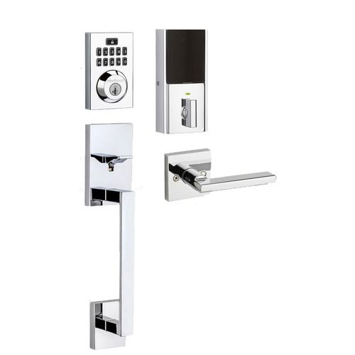 San Clemente Handleset with Halifax Interior Trim with Contemporary Smartcode Keypad Electronic Deadbolt SmartKey with RCAL Latch and RCS Strike Bright Chrome Finish