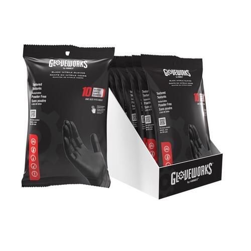 Gloveworks GPNB10PK Disposable Gloves Nitrile One Size Fits Most Black Powder Free Black