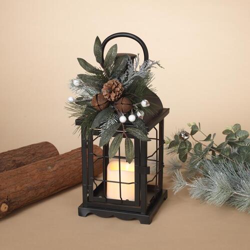 Gerson 2491860 Lantern Black Floral Accents and LED Lighted 13" Black