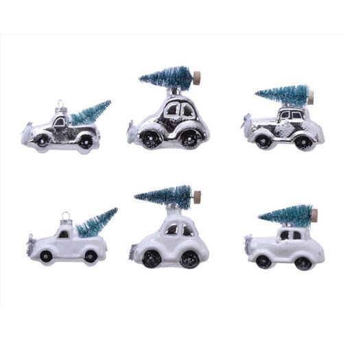 Decoris 123341 Ornament White/ Blue Car with Tree 4" White/ Blue