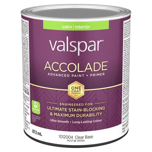 Accolade 029.1012004.005 Interior Paint and Primer, Acrylic, Satin, Clear, 1 qt, 37 sq-m Coverage Area