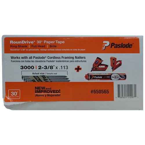 Paslode 650565 RounDrive Fuel and Nail, 2-3/8 in L, Bright, Full Offset Round Head, Ring Shank - pack of 3000