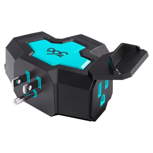 360 Electrical 3E0781-AQG6NA Power Hub Grounded 3 outlets Black/Teal