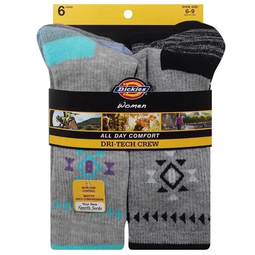 Dickies I61006-GREY-XCP2 Crew Socks Dri-Tech Women's Aztec 6-9 Assorted Assorte - 2 per pack x2 packs