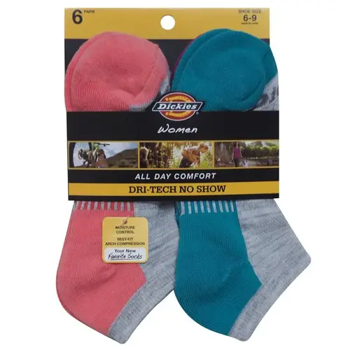 Dickies I62002-GREY-XCP2 No-Show Socks Dri Tech Women's 6-9 Assorted Assorte - 2 per pack x2 packs