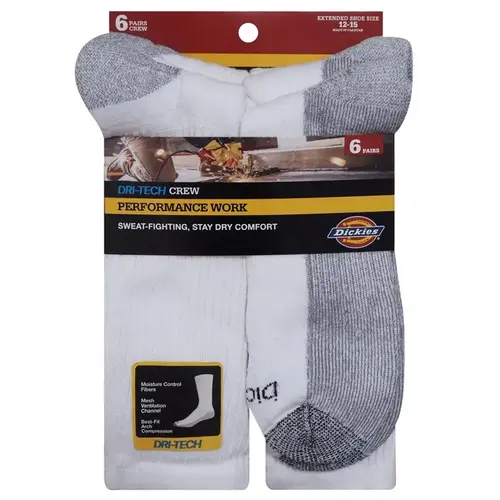 Dickies I11752-WHITE Crew Socks Dri-Tech Men's 12-15 White White Pair