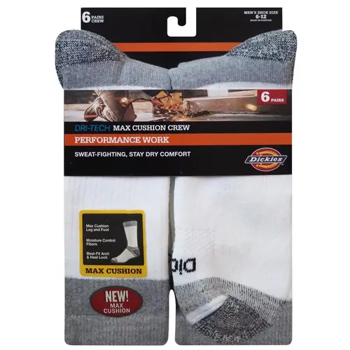 Dickies I611010-WHITE Cushion Crew Socks Dri-Tech Men's 6-12 White White Pair