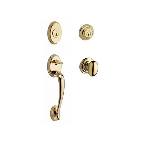 Double Cylinder Columbus Handleset with Ellipse Knob Traditional Round Rose with 6AL Latch and Dual Strike Lifetime Brass Finish