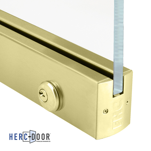 2-1/2" Low Profile Square Door Rail With Lock For 1/2" Glass - 35-3/4" Length - Satin Brass