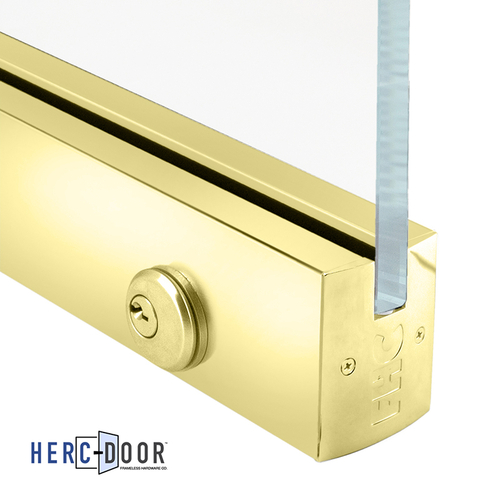 2-1/2" Low Profile Square Door Rail With Lock For 3/8" Glass - 35-3/4" Length - Polished Brass