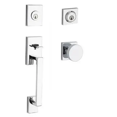 Double Cylinder La Jolla Handleset with Contemporary Lever and Contemporary Square Rose with 6AL Latch and Dual Strike Bright Chrome Finish