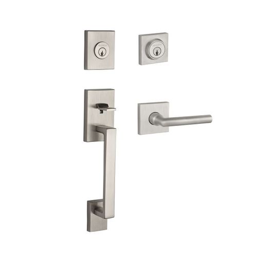 Double Cylinder La Jolla Handleset with Tube Lever and Contemporary Square Rose with 6AL Latch and Dual Strike Satin Nickel Finish