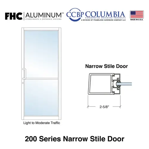 200 Series Narrow Stile Single Aluminum Door with 2-1/4" Top Rail and 3-1/4" Bottom Rail - 1/4" Glass Stops - No Hinge Prep - Bronze Anodized - Custom Size or Prep