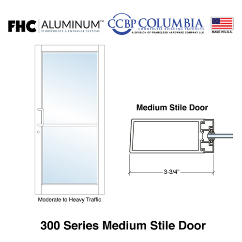 300 Series Medium Stile Single Aluminum Door with 3-3/4" Top Rail and 10" Bottom Rail - 1" Glass Stops - Offset Pivots - Satin Anodized - Custom Size or Prep