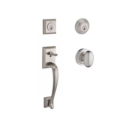 Double Cylinder Napa Handleset with Ellipse Knob Traditional Round Rose with 6AL Latch and Dual Strike Satin Nickel Finish