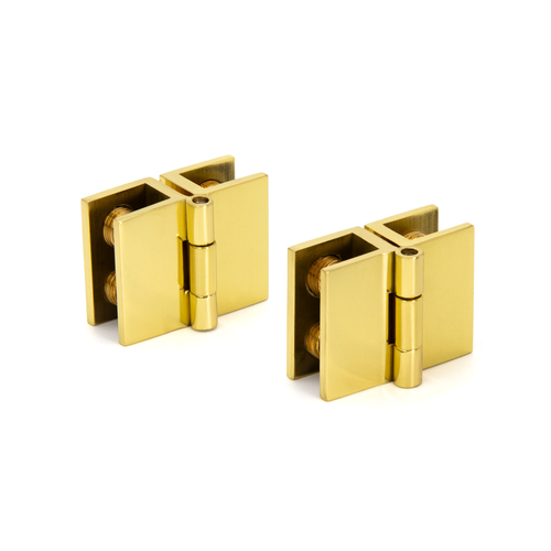 Mini Glass-to-Glass Set Screw Outswing Hinges for 3/16" to 1/4" Glass - Polished Brass - pack of 2