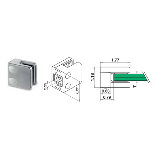 Square Glass Clamp with Flat Back for 3/8" Glass - Brushed Stainless