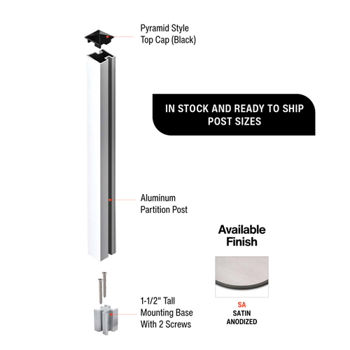 1-5/16" Square 12" Partition Post with Top Cap and Mounting Base End Post Configuration - Satin Anodized