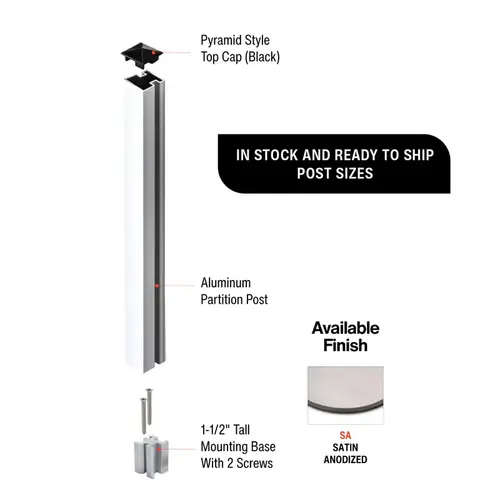 1-5/16" Square 18" Partition Post with Top Cap and Mounting Base End Post Configuration - Satin Anodized