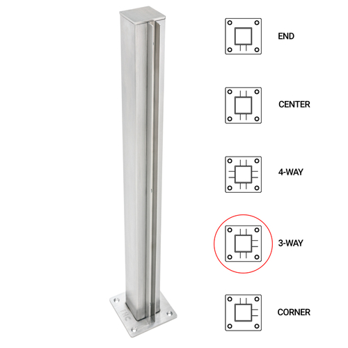 T1000 12" 3-Way - 1.5" Square Partition Post - Brushed Stainless