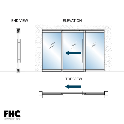 TRS100 Top Rolling Door System - OOX/OXO/XOO Single Slider Bypass With 2 Fixed Panels - 4" Square Top and Bottom Rail - Brushed Stainless