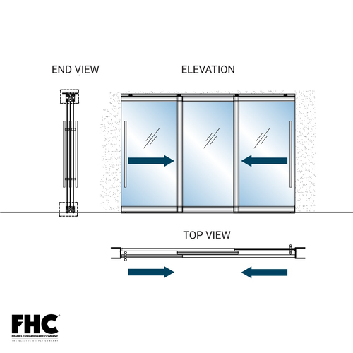 TRS100 Top Rolling Door System - XOX Double Slider Bypass With 1 Fixed Panel - 4" Square Top and Bottom Rail - Polished Brass