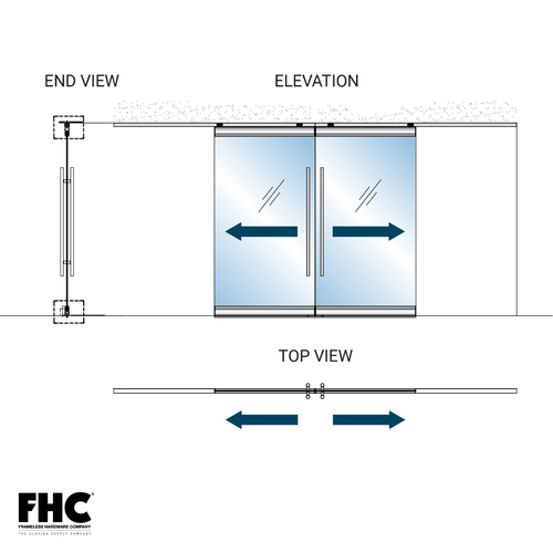 TRS100 Top Rolling Door System - XX Double Slider - 4" Square Top and Bottom Rail - Polished Brass