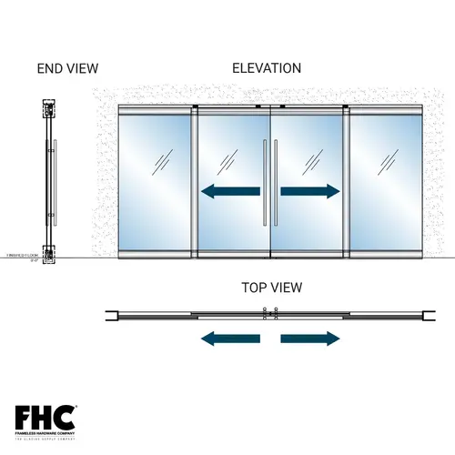 TRS100 Top Rolling Door System - OXXO Double Slider Bi-Part With 2 Fixed Panels - 4" Square Top and Bottom Rail - KYNAR Paint