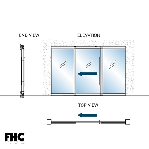 TRS100 Top Rolling Door System - OOX/OXO/XOO Single Slider Bypass With 2 Fixed Panels - 4" Tapered Top and Bottom Rail - Polished Stainless