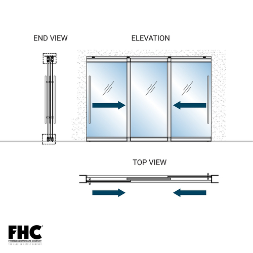 TRS100 Top Rolling Door System - XOX Double Slider Bypass With 1 Fixed Panels - 4" Tapered Top and Bottom Rail - Brushed Stainless