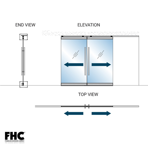 TRS100 Top Rolling Door System - XX Double Slider Bi-Part - 4" Tapered Top and Bottom Rail - Polished Brass