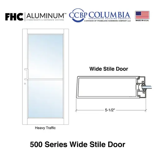 500 Series Wide Stile Pair of Aluminum Doors with 6" Top Rails and 6" Bottom Rails - 1/2" Glass Stops - Continuous Hinge - Powder Coat - Custom Size or Prep