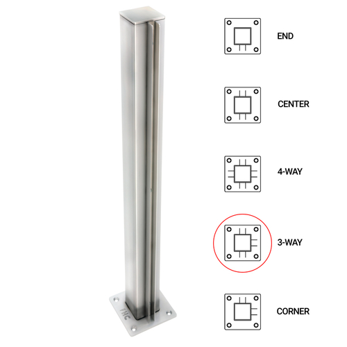 T1000 12" 3-Way - 1.5" Square Partition Post - Polished Stainless